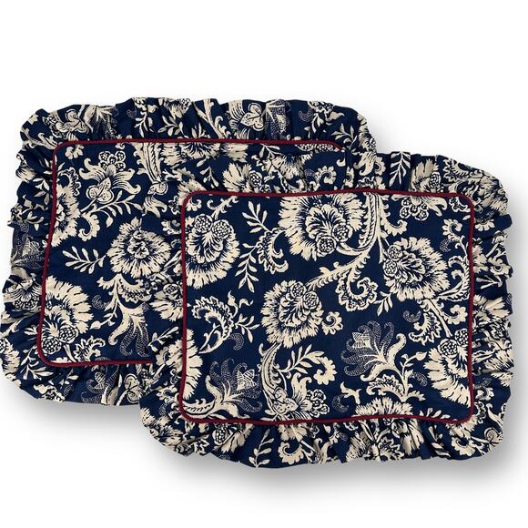 Waverly Floral Jacobean Ruffled Edge Pillow Sham Set Standard Blue Cream - Picture 1 of 5